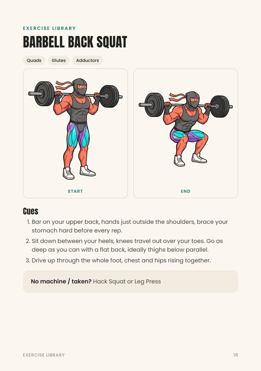 An exercise page with start and end drawings and form cues